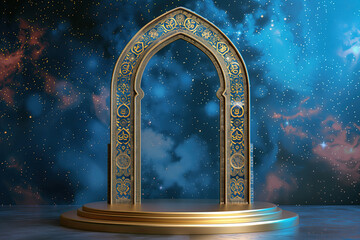 Wall Mural - an archway with gold frame and starry background. islamic 3d podium round stage for eid mubarak, ramadan kareem, muharram, iftar. islamic podium banner for product display, presentation, ramadan sales