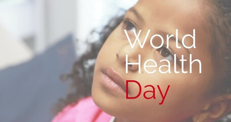 Poster - Animation of world health day text over african american girl having her eyes tested