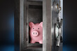 © Dragon Claws - Pink piggy bank in a silver metallic vault safe having a handle wheel on dark background. Illustration of the concept of  protection for savings account and financial security