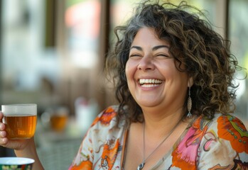 A happy plus size Hispanic woman with curly hair and a perfect smile laughs while drinking tea at an outdoor cafe on a sunny day with empty space on the left