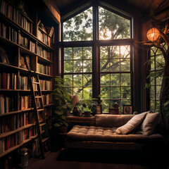 Wall Mural - A cozy reading nook with shelves of books.