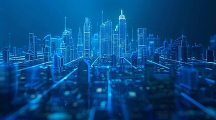 Wall Mural - Futuristic hologram of a cityscape in vivid blue style against a blue technology background with copyspace