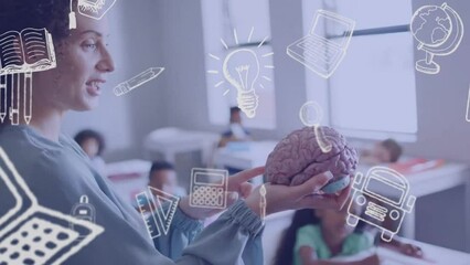 Poster - Animation of school items icons over happy diverse female teacher with students at science class