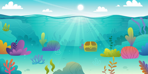 Wall Mural - Cartoon seascape background with colorful algae. Tropical vector seabed. Bright underwater panorama.