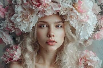 Canvas Print - Blonde haired woman with flower crown a delicate bride