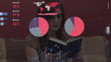 Sticker - Animation of diagram, data processing and world map over caucasian woman reading book