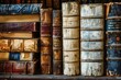 Blurred selective focus on old book textures in library shelves