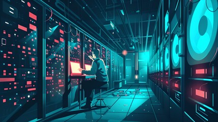 Aufkleber - Technician working in a modern data center. futuristic server room. technology and innovation concept. cyberspace and networks. AI