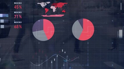 Poster - Animation of diagram, data processing, stock market and world map over people walking