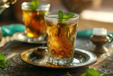 Fototapeta  - Close up of Moroccan mint tea served in a glass a traditional drink