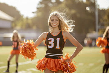 Poster - high school cheerleader performing dance routine on sports field