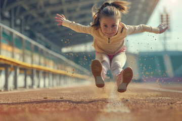 Canvas Print - Little girl practicing long jump at athletics club at stadium