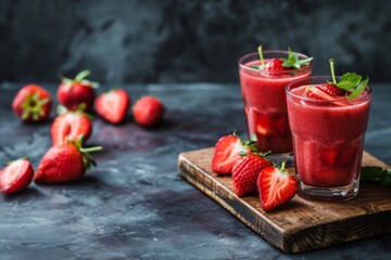 Poster - Delicious strawberry smoothies served on a wooden board