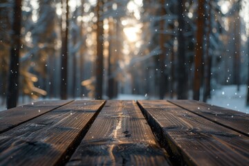 Sticker - Extravagant winter forest scenery in Finland featuring a rustic dark brown wooden table with a blurred background