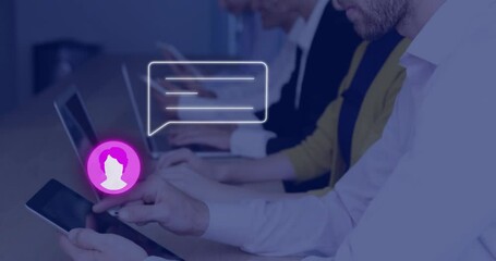 Poster - Animation of media icons over diverse business people using tablets