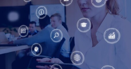 Poster - Animation of business icons over caucasian businesswoman using smartphone over colleagues