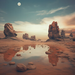 Wall Mural - Surreal desert landscape with floating rocks.