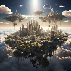 Wall Mural - Surreal cityscape with floating islands.