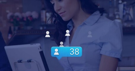 Poster - Animation of media icons over biracial businesswoman using tablet