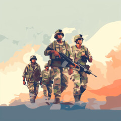 Wall Mural - Illustration of a group of soldiers in action. Flat pastel colors.  