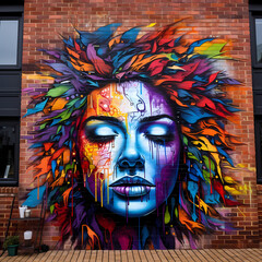 Canvas Print - Vibrant street art on a brick wall.