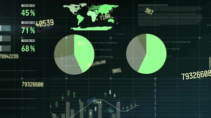Poster - Animation of processing data over charts and graphs on black background