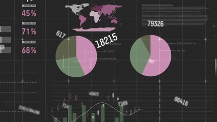 Poster - Animation of processing data over charts and graphs on black background