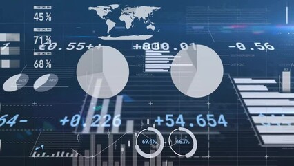 Poster - Animation of processing data over charts and graphs on blue background