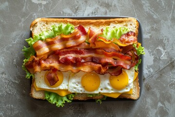 Wall Mural - Top view breakfast sandwich with bacon and cheese on toast