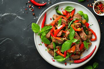 Wall Mural - Top down view of Thai beef stir fry with pepper and basil on a dark stone background copy space available