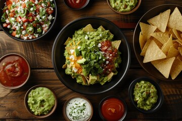 Wall Mural - Top view of Mexican food with guacamole salsa and cheesy nacho sauces as the background