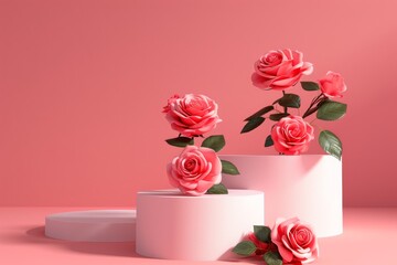 Sticker - Valentine s Day mockup with hearts and roses Product presentation podium Love spring and valentine concept 3D render