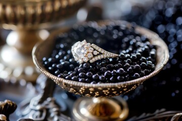 Wall Mural - Wedding ceremony decor Closeup diamond ring in caviar filled bowl stylish and focused