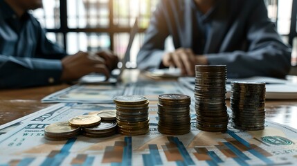 Poster - Business meeting backdrop with focus on stacked coins. financial growth concept in a corporate setting. investment and economy discussions visualized. professional atmosphere. AI