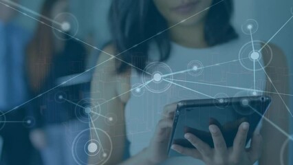 Poster - Animation of communication network over biracial woman using tablet