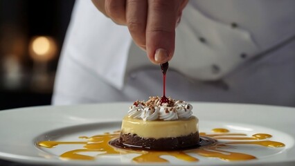 Close up of refined dessert being prepared by professional chef in high end restaurant or cafe background created with generative ai