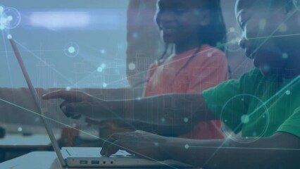 Poster - Animation of communication network over african american schoolchildren using laptops in class