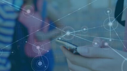 Poster - animation of communication network over caucasian schoolgirl using smartphone