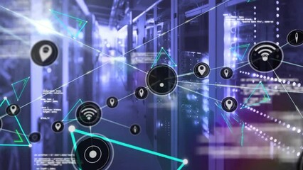 Poster - animation of network of connections with icons and data processing over computer servers