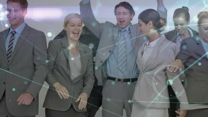 Poster - Animation of network of connections over diverse colleagues celebrating in office