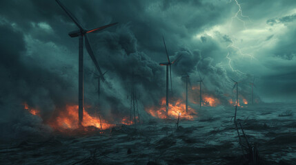 Wall Mural - Wind turbines in a forest fire