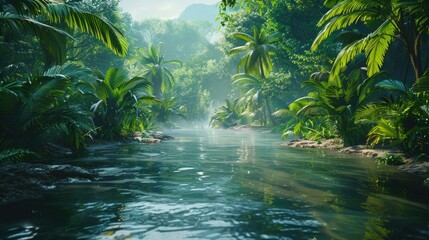 Wall Mural - Tropical paradise with lush greenery and serene waterfall, perfect for nature and travel themes.