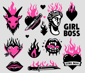 Aufkleber - Trendy gothic stickers with hearts, knives, a ram head and a sculpture. Set of vector illustrations in Y2K tattoo style in black and pink colors.