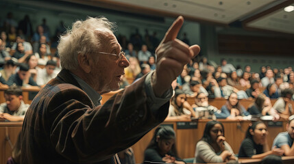 Elderly man stands in front of an audience, delivering a lecture with a microphone in hand. The audience listens attentively as he speaks