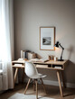 © GFitz - A minimal white hygge home office. A wooden desk and chair with books and a lamp. Work from home