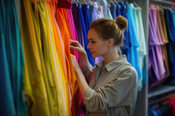 Wall Mural - woman choosing color textile in tailor shop for new cloth sewing