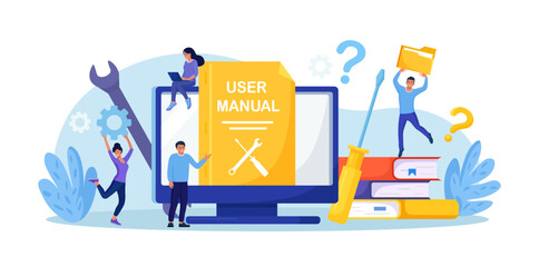 User manual. Customer find answers online in internet. Business person reading user guide or textbook on monitor. Q and A. FAQ and instructions