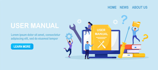 User manual. Customer find answers online in internet. Business person reading user guide or textbook on monitor. Q and A. FAQ and instructions