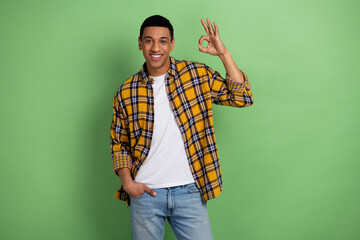 Photo of young positive man wearing plaid yellow shirt showing okey sign enjoying his trendy outfit isolated over green color background