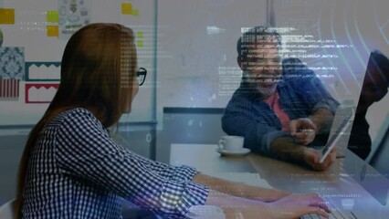 Poster - Animation of data processing over diverse business people using tablet
